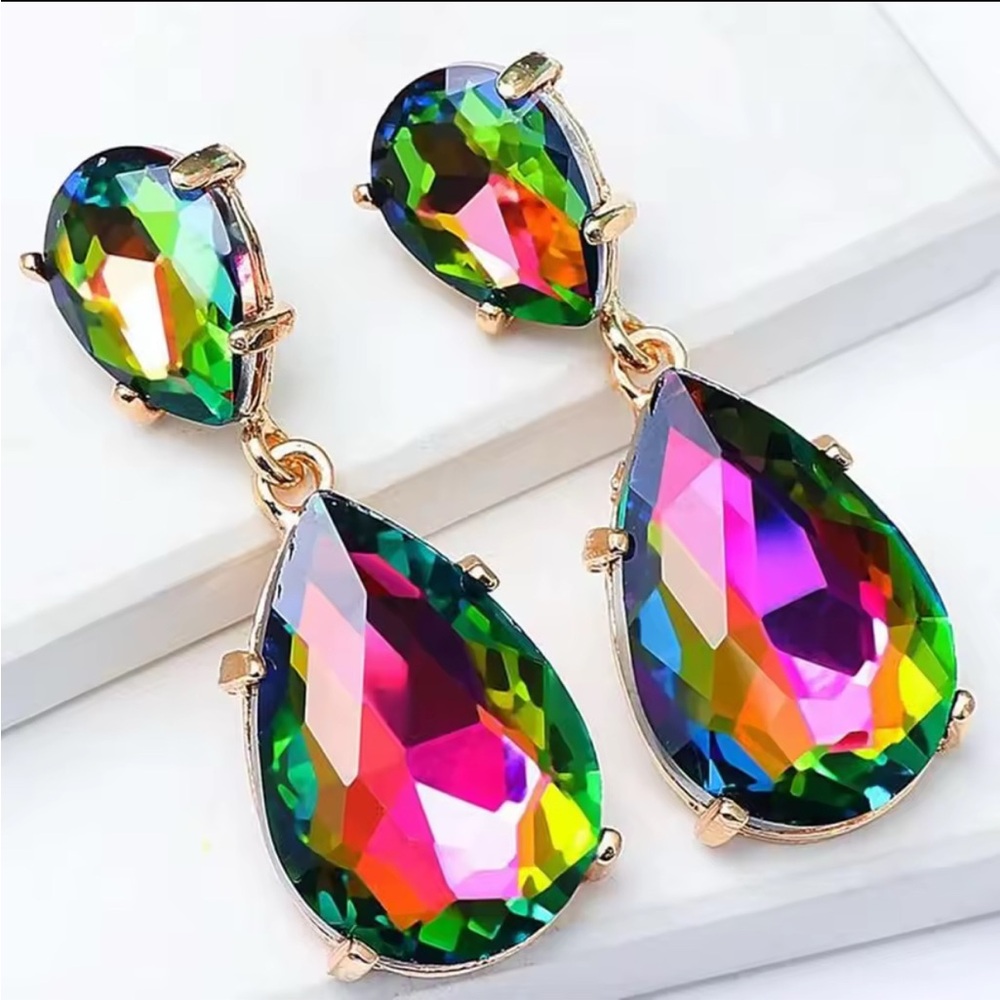 GOLD COLORFUL IRIDESCENT PRISM STATEMENT CHUNKY EARRINGS - Picture 3 of 4